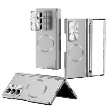 Imagem de Capa magnética para Samsung Galaxy Z Fold 7 5 6 com protetor de tela de vidro embutido, uma caneta, proteção de dobradiça, capa fosca revestida (dobra 6, prata)