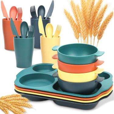 Imagem de Conjunto de 24 peças de louça de palha de trigo para crianças, conjunto de pratos e tigelas inquebráveis sem BPA com prato dividido, seguro para micro-ondas e lava-louças, perfeito para piqueniques