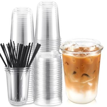 Imagem de Ziliny 50 conjuntos de copos de café de plástico transparente com tampas de gole e canudo para mexer, copos descartáveis para animais de estimação transparentes para café gelado, bebidas frias