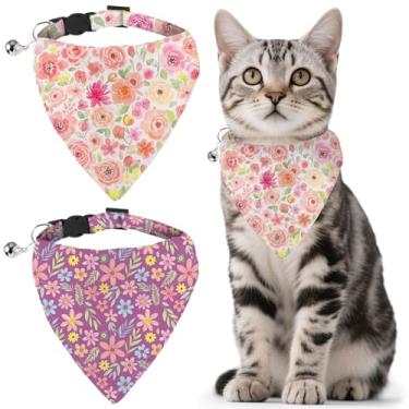 Imagem de GLOBLELAND Pacote com 2 bandanas coloridas para animais de estimação com bandana removível e sino flores silvestres coleira ajustável para cães rosas florais coleira de gato cachecol para animais de
