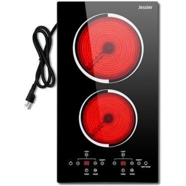 Imagem de Jessier Fogão elétrico de 30,5 cm – bancada com 2 bocas e topo de fogão elétrico embutido, plugue de 120 V, temporizador, trava de segurança para crianças, proteção contra sobretemperatura, controle