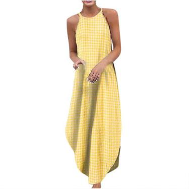 Imagem de Moda casual feminina com decote em O sem mangas verão xadrez impressão