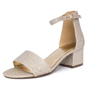 Imagem de Sugar Sapato social feminino baixo de duas peças salto bloco sandália feminina tira no tornozelo - Noelle, Noelle Champagne Glitter, 38