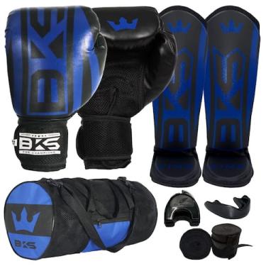 Imagem de Luva Boxe Muay Thai - Caneleira Bolsa Bandagem Bucal - Bks, Azul, 12oz