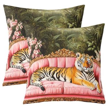 Imagem de jejeloiu Capas de almofada de tigre 45,72 cm x 45,72 cm Conjunto de 2 capas de almofada macias de luxo para a vida selvagem, folhas tropicais, decoração temática da natureza, fronhas decorativas para