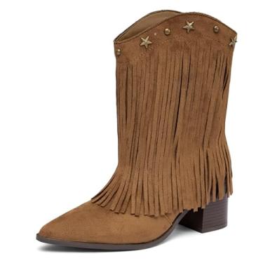 Imagem de NEWBELLA Botas femininas caubói ocidentais – Botas retrô de borla, salto grosso, para festival de música country e moda de outono, Marrom, 36