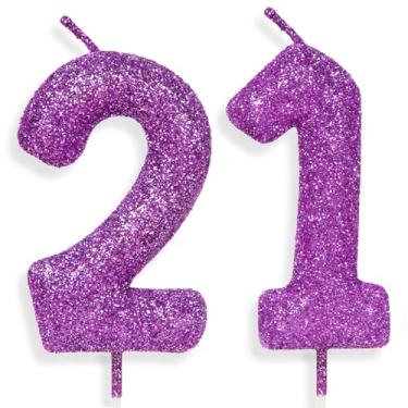 Imagem de Velas de aniversário de 21 anos com glitter, vela de número de aniversário rosa roxa para decoração de bolo para meninas, festa de aniversário, casamento, celebração, suprimentos
