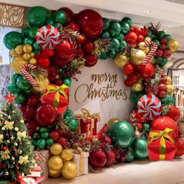 Imagem de Guirlanda de balões de Natal com enchimento duplo de balões vermelhos verde-esmeralda escuro borgonha kit de guirlanda de balão dourado para Natal, Ano Novo Feriado, aniversário, chá de bebê