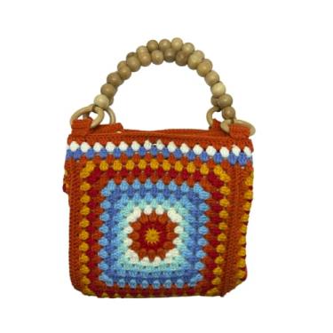 Imagem de Bolsa de ombro de crochê feita à mão com alça de madeira – fio de acrílico de algodão, forrada com bolso, fecho de pressão, bolsa estilo boho (23 x 23 cm)