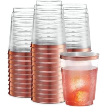 Imagem de Kit 25/50 Copos Acrílico 300ml Lavável Descartável Cristal,copo transparente com borda dourado rosa(50)