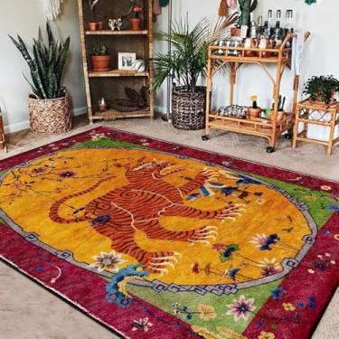 Imagem de Qmkmyy Boho Tapete de área com estampa de flores fúcsia, tibetano, tibetano, floral, 1,8 x 2,5 m, para sala de estar, sala de jantar, antiderrapante, leve, retangular, tapete de fazenda