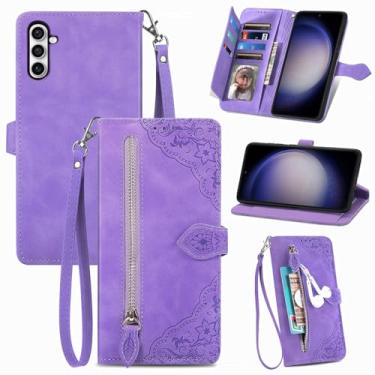 Imagem de Furiet Capa carteira para Samsung Galaxy S25 FE 5G com alça de pulso cordão padrão flor bolso flip couro suporte suporte celular acessório bolsa capa de telefone para S 25 EF AI S25FE 25S roxo