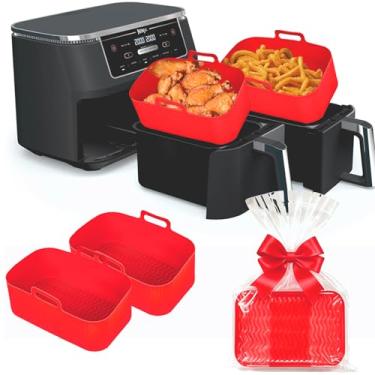 Imagem de Forros de silicone para fritadeira Ninja – Tigela reutilizável de 8 litros para Foodi DZ201 Airfryer de cesta dupla – Pacote com 2 bandejas retangulares de silicone 2025 atualizadas e seguras para