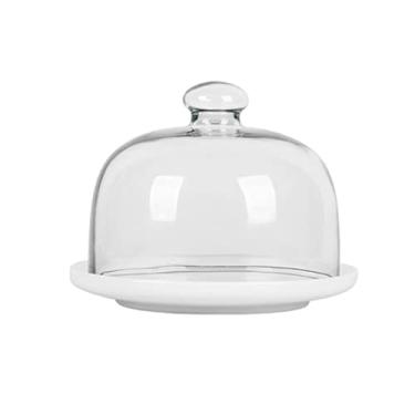 Imagem de Suporte de bolo de sobremesa com tampa de cúpula de vidro transparente bandeja de servidor de cerâmica bandeja multifuncional para festas de aniversário frutas (branco 20,5 cm)