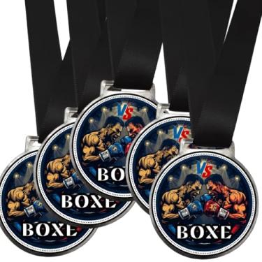Imagem de Kit 5 Medalhas Para Boxe Torneio de Luta De Campeão 50mm Com Fita Preta