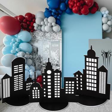 Imagem de 3 peças de cenário fotográfico de arranha-céus de cidade de 19,7 cm, decoração de festa de herói, horizonte de quadrinhos, prédios, fundo de quadro de PVC, suporte de pé para aniversário, chá de bebê
