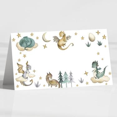 Imagem de Pacote com 120 cartões de visita de festa de dragão, cartões dobráveis de 8,9 cm x 5 cm para barraca de mesa, etiquetas de alimentos para fantasia dragão chá de bebê, festa de aniversário, recepção