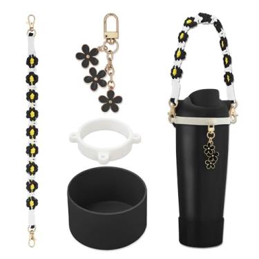 Imagem de SITKOL Conjunto de acessórios para Owala FreeSip Sway 30/1,134 g, copo de 1,134 g e garrafa de água infantil de 473 ml - Inclui bota de silicone, alça de transporte e lindos pingentes de flores (preto