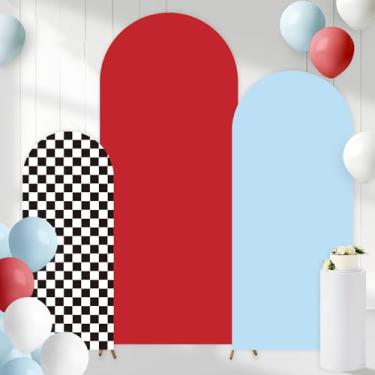 Imagem de Cheerupp Conjunto de 3 capas de fundo de arco com tema de carro de corrida azul vermelho e elástico, arredondado, para aniversário, chá de bebê, decoração de corrida Let's Go