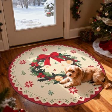 Imagem de jinchan Tapete redondo de Natal com aparência de malha, 1,2 m, bege, círculo, vermelho, tapete para sala de estar, guirlanda de Natal, 1,2 m, decoração de Natal, lavável