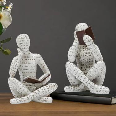 Imagem de Decoração de estante escultura de pensador de leitura de polpa, ornamentos de estátua de arte abstrata, conjunto de 2 estatuetas estéticas modernas para decoração de casa acentos para escritório, sala
