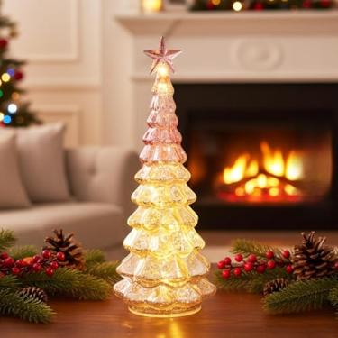 Imagem de Árvore de Natal iluminada de mesa com glitter brilhante – Árvore de Natal de vidro operada por bateria para decoração de Natal, decoração festiva presente com luz LED