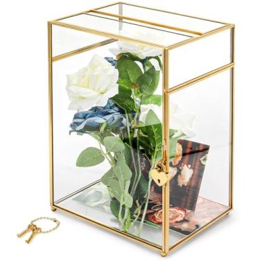 Imagem de Youeon Caixa de cartão de vidro com compartimento e fechadura, porta-cartões de casamento transparente dourado, caixa de cartão de presente decorativa para recepção, aniversário, formatura, chá de