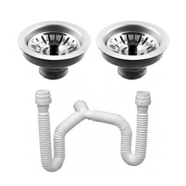Imagem de Kit Com 02 Válvulas Pia Cozinha Americana Em Aço Inox 3.1/2 + Sifão Flexível Duplo Ajustável Universal Branco Para Cuba Dupla
