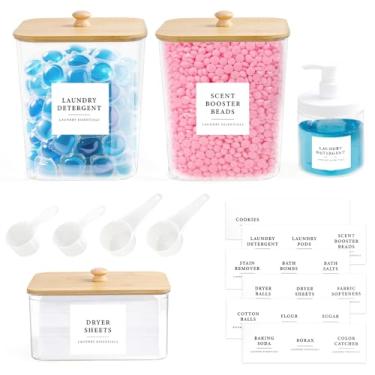 Imagem de Mulaibdin Conjunto de organização de lavanderia, pacote com 3 recipientes de plástico para armazenamento de roupas com tampas, colheres e etiquetas, organizador de detergente grande para secadora de