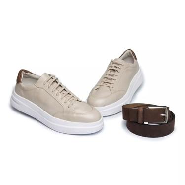 Imagem de ThézB Sapatênis Casual Masculino em Couro Sintético, Confortável e Moderno, com Sola Tratorada e Cinto de Couro, para Uso Social e Casual (Off, BR, Adulto, Numérico, 41)