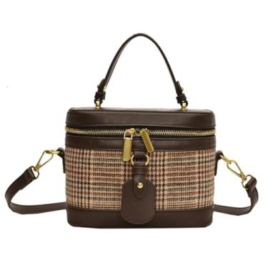 Imagem de Bolsa feminina quadrada de camurça, vintage, xadrez, transversal, pequena, retrô, quadriculada, com alça superior, Café - xadrez pequeno, Medium