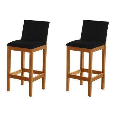 Imagem de Kit 2 Banquetas Alta Pérola Com Encosto Estofada Em Veludo Preto Madeira Maciça Castanho