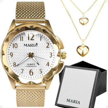Imagem de Relogio Feminino Dourado Aço + Caixa + Colar Duplo Coração Original Presente Qualidade Premium Ouro