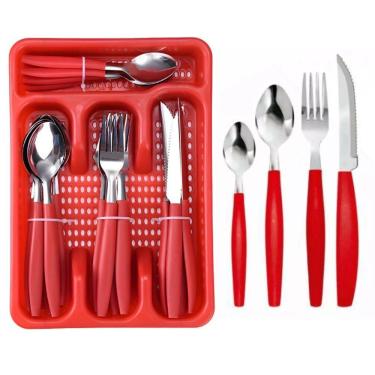 Imagem de Conjunto Talheres Inox 25 Pecas Com Porta Talher Vermelho