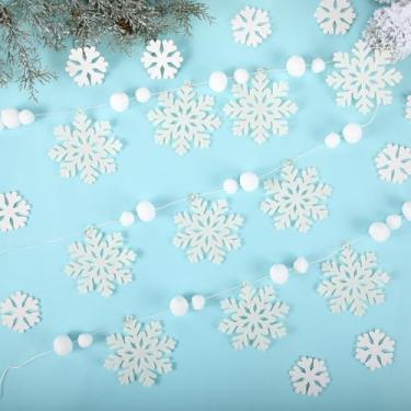 Imagem de VioraWhite Decorações de Natal Banner de floco de neve de feltro para pendurar pompom de inverno guirlanda de Natal branco floco de neve bola de neve faixa para decoração de manto de lareira de festa