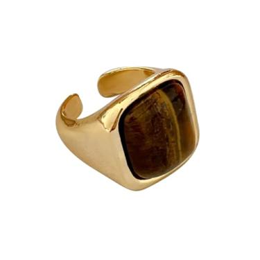 Imagem de OIDIMS Anel de pedra vintage olho de tigre para mulheres com pedra preciosa banhada a ouro banda larga aberta moderna pedra preciosa pedra preciosa anel de dedo motociclista ajuste confortável