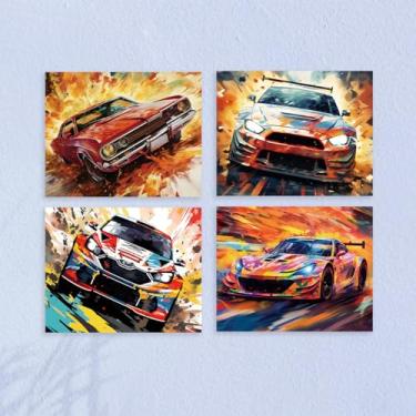 Imagem de 4 peças fantásticas decoração de parede de carro sem moldura pintura artística supercarro pôster arte para paredes, aquarela respingo carro garagem decoração de parede impressões modernas para meninos