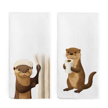 Imagem de nvucamd Toalhas de mão engraçadas de lontra para crianças, conjunto de 2, lontras fofas, toalhas de chá, presentes de lontra do mar, toalha de mão para banheiro, banheiro, cozinha, decoração, 40 x 61