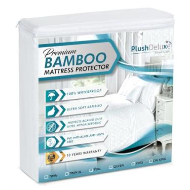 Imagem de Protetor de colchão PlushDeluxe de bambu premium, tamanho King, impermeável, protetor de colchão respirável, ultramacio, silencioso para conforto e proteção, branco