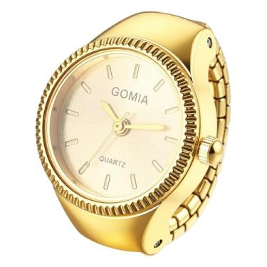 Imagem de JewelryWe Relógio com anel masculino e feminino: relógios de dedo elásticos analógicos redondos de quartzo simples casual para negócios para o Natal, Dourado, relógio com anel de dedo