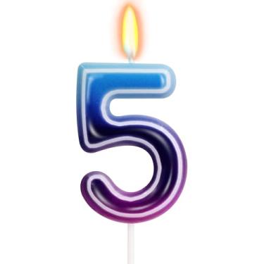 Imagem de Velas de aniversário com tema K-pop – Vela número 5, decoração de bolo neon gradiente azul roxo, decoração de festa de aniversário com tema de música de desenho animado