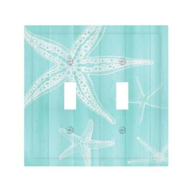 Imagem de BHGAHD Capas decorativas para interruptores vintage de madeira azul estrela-do-mar náutica 2 gangs, placa de interruptor de luz única com interruptor duplo para decoração de quarto e casa