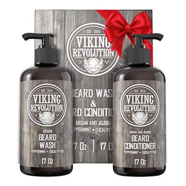 Imagem de Viking Revolution Beard Wash & Beard Conditioner Set w/Argan & Jojoba Oils - Softens, Smooths & Strengthens Beard Growth - Natural Peppermint and Eucalyptus Scent - Beard Shampoo w/Beard Oil (17 oz)