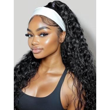 Imagem de KLAIYI Peruca De Cabelo Humano Com Faixa Cabeça, Ondulada, Cacheada, Sem Renda Frontal, Para Mulheres Negras, Cola, Uso Profundo E Meia Faixa, Pronta Iniciantes, 180% Natural, 18 Polegadas