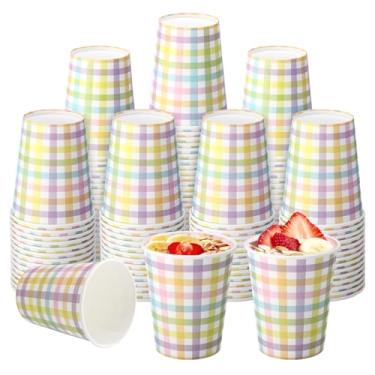 Imagem de Jingmore Copos de papel guingão com 100 unidades, 255 g, xadrez vermelho e branco, descartáveis para bebidas quentes/frias, para Natal, feriado, piquenique, churrasco, festa de aniversário (xadrez