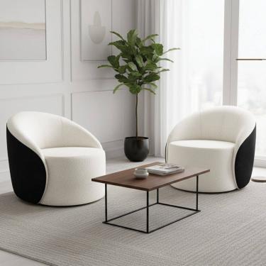 Imagem de Poltrona Sala Orgânica Kit 2 Lua Giratória Sintético PU Preto/Bouclê D03 - D`Rossi