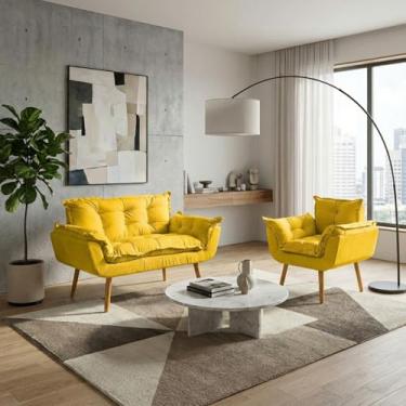 Imagem de Kit Namoradeira Decorativa e Poltrona Para Sala Recepção Manicure Consultório Escritório Alice Tecido Suede (Amarelo)