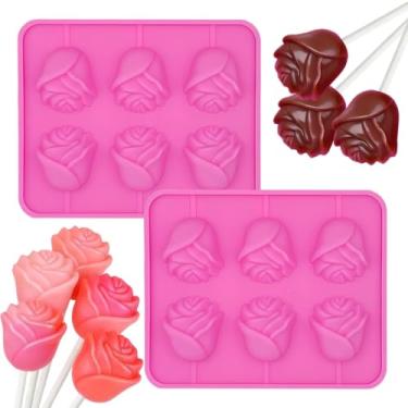 Imagem de Molde de pirulito rosa 3D, pacote com 2, kit de fabricação de doces de silicone de grau alimentício com 6 varetas, para chocolate DIY, gomas, sugadores de gelatina, decorações de bolo, presente de dia