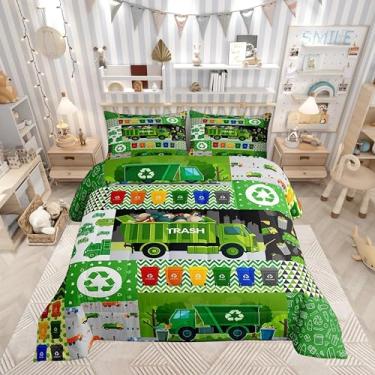 Imagem de Jogo de cama King com desenho animado de caminhão de lixo para meninos, decoração de quarto de carro de crianças, lindos carros verdes, adolescentes, arte geométrica com listras abstratas, 1 edredom e