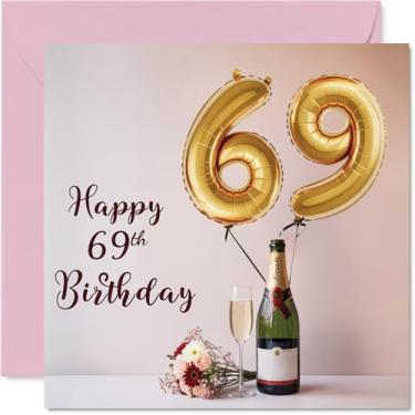 Imagem de Stuff4 Cartões de aniversário de 69 anos para mulheres e homens - Balões e uma garrafa de bolhas - Cartão de feliz aniversário para mulher de 69 anos homem pai avó esposa irmão, cartões comemorativos